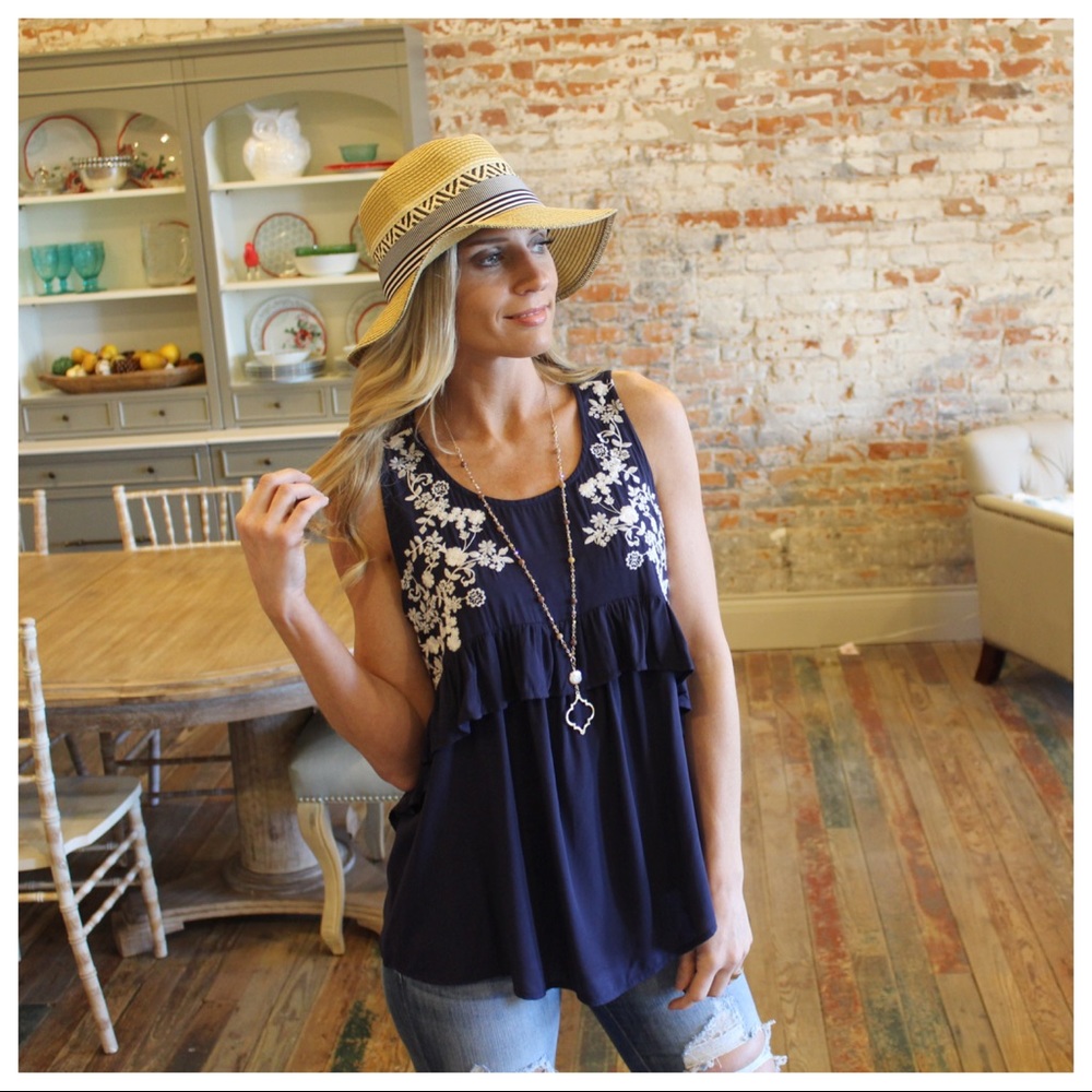 ✨LAST✨Navy embroidered sleeveless ruffle top - Picture 6 of 8